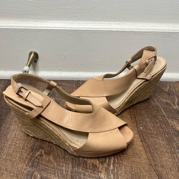3.1 Phillip Lim Tan/Cream Leather Peep Toe Espadrille Wedges Size 8 - Picture 1 of 16